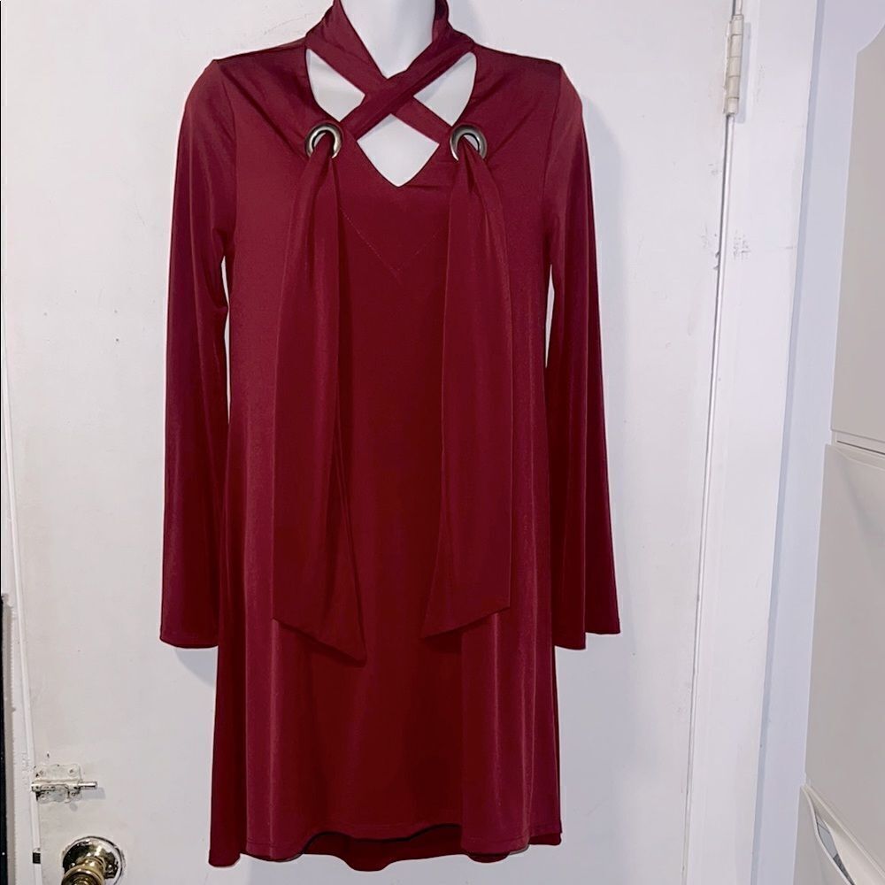 ARIELLA Burgundy Tie Collar Tunic Dress-S